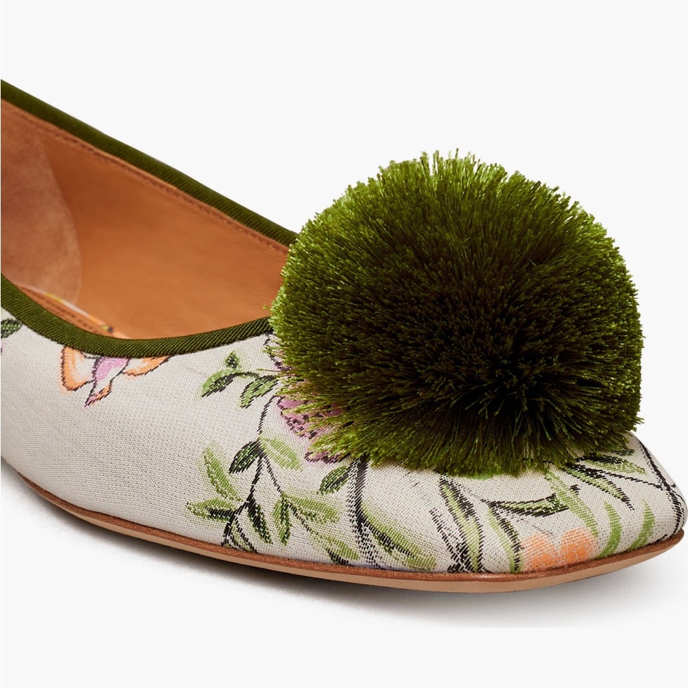 Tory Burch Floral Canvas Ballet Flats with Green Pom Pom - Picture 6 of 13